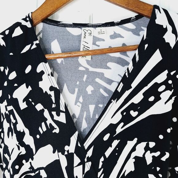 Emma & Michele Black White Art Deco Paint Splatter Rorshach Wrap Dress Sz S - Picture 3 of 14